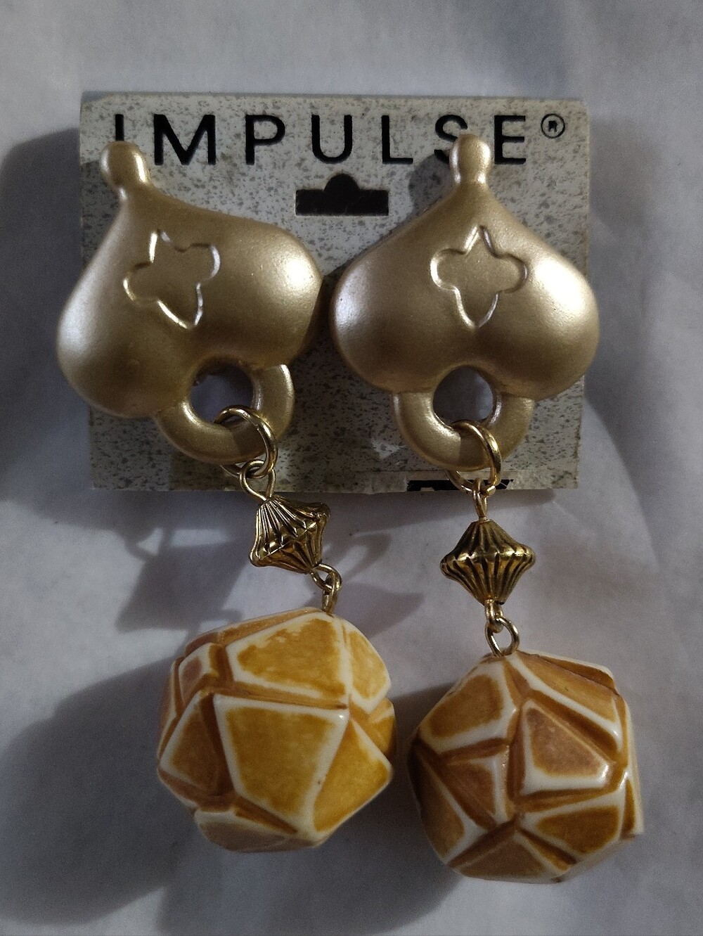 Vintage Impulse Matte Gold Tone Geometric Drop Dangle Earrings 80s-90s Deadstock